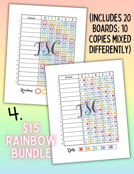 Rainbow Bundle 20 Bingo Boards 1-75 Ball 1-15 Line