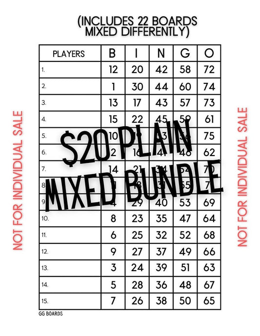 22 Mixed Bundle Bingo Boards 1-75 Ball 1-15 Line