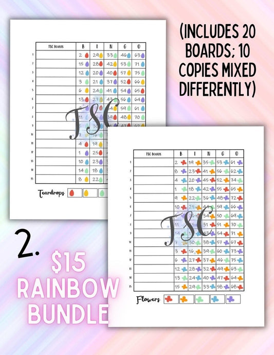 Rainbow Bundle 20 Bingo Boards 1-75 Ball 1-15 Line