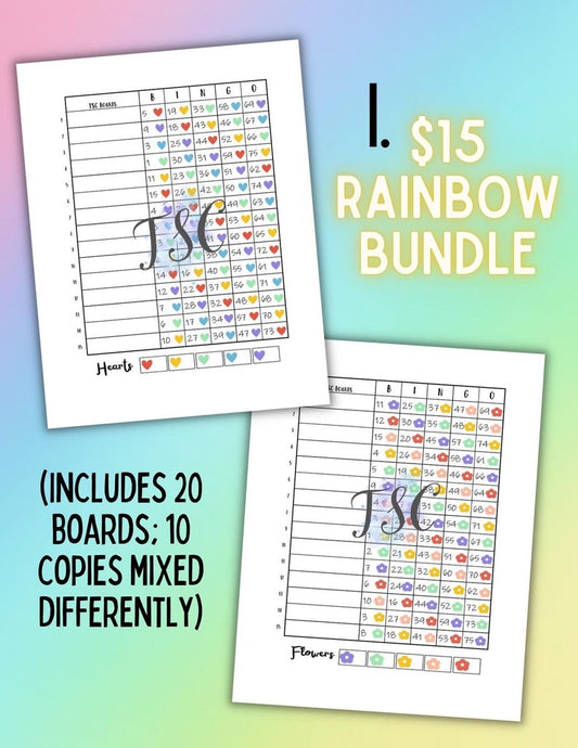 Rainbow Bundle 20 Bingo Boards 1-75 Ball 1-15 Line