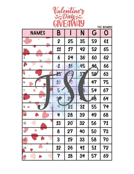 Valentines Day Giveaway Bingo Board 1-75 Ball