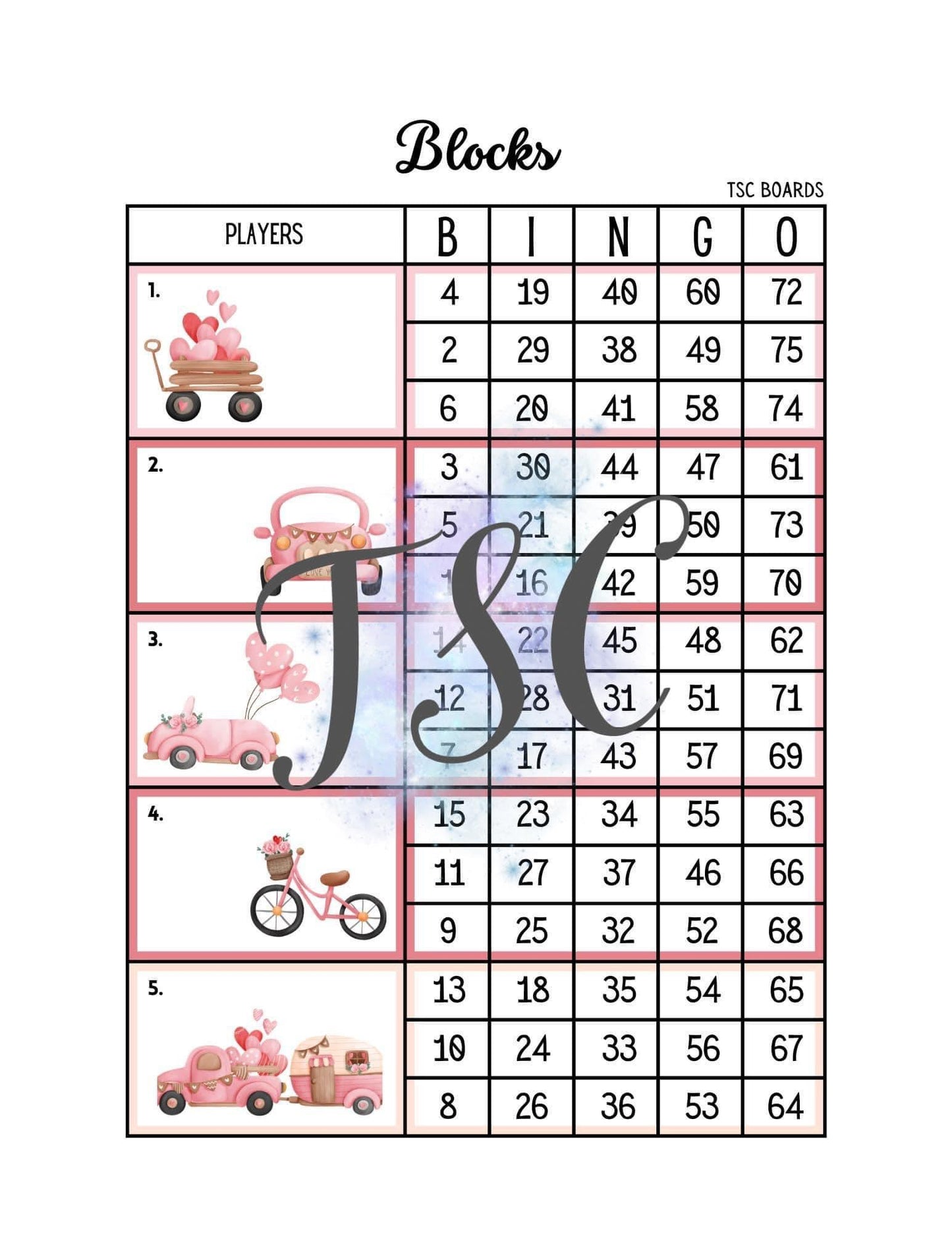 Valentine Block Bingo Board 1-75 Ball