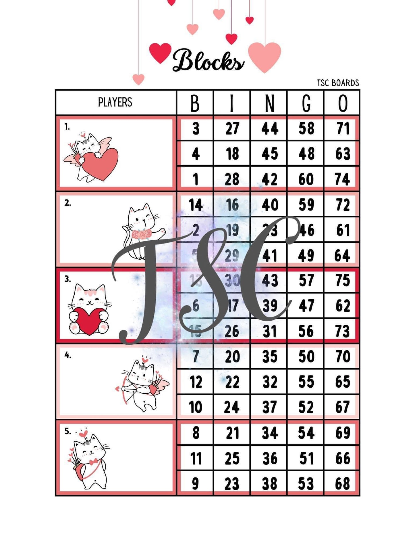 Cupid Cat Block Bingo Board 1-75 Ball