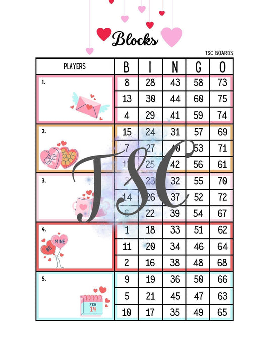 Valentine Block Bingo Board 1-75 Ball