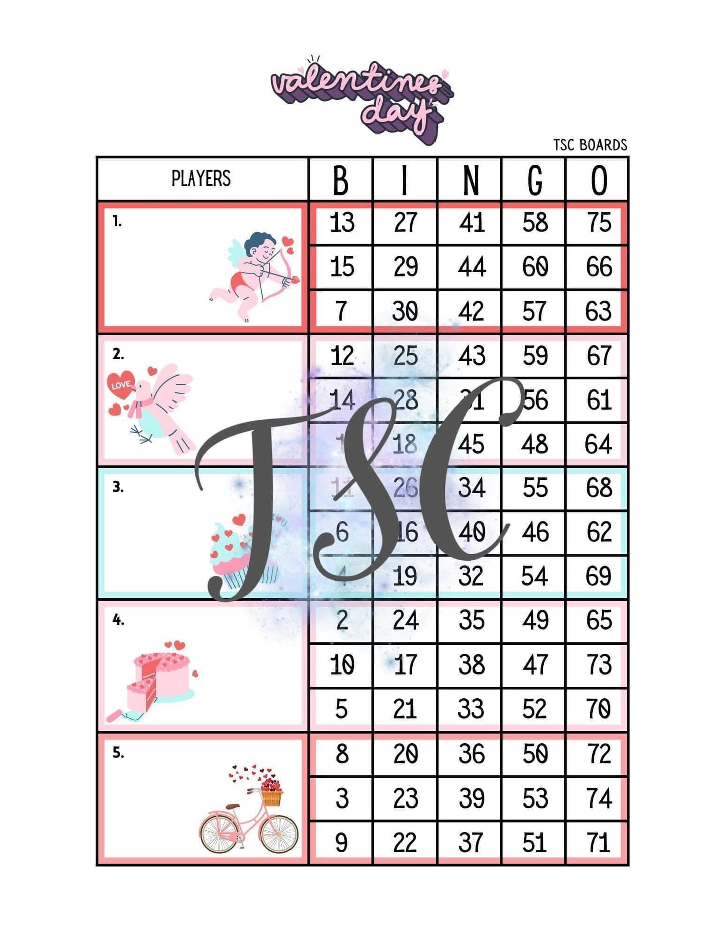 Valentines Day Block Bingo Board 1-75 Ball