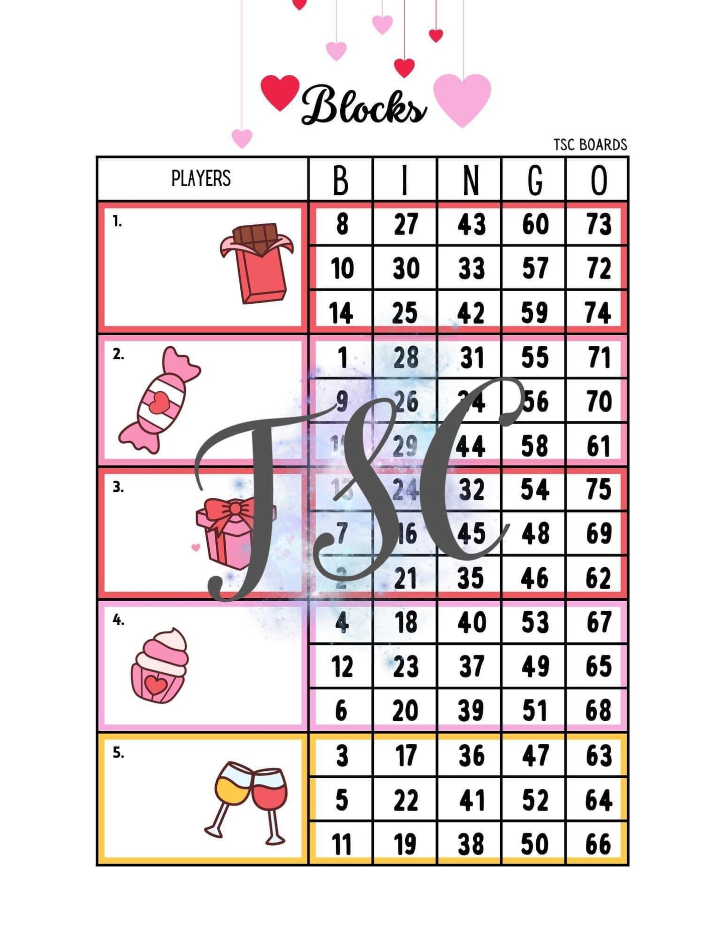 Valentine Block Bingo Board 1-75 Ball