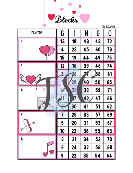 Valentine Block Bingo Board 1-75 Ball