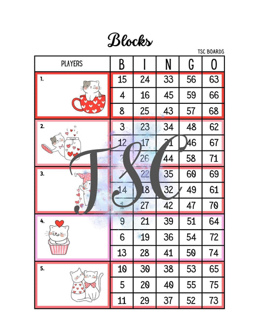 Cat Valentine Block Bingo Board 1-75 Ball