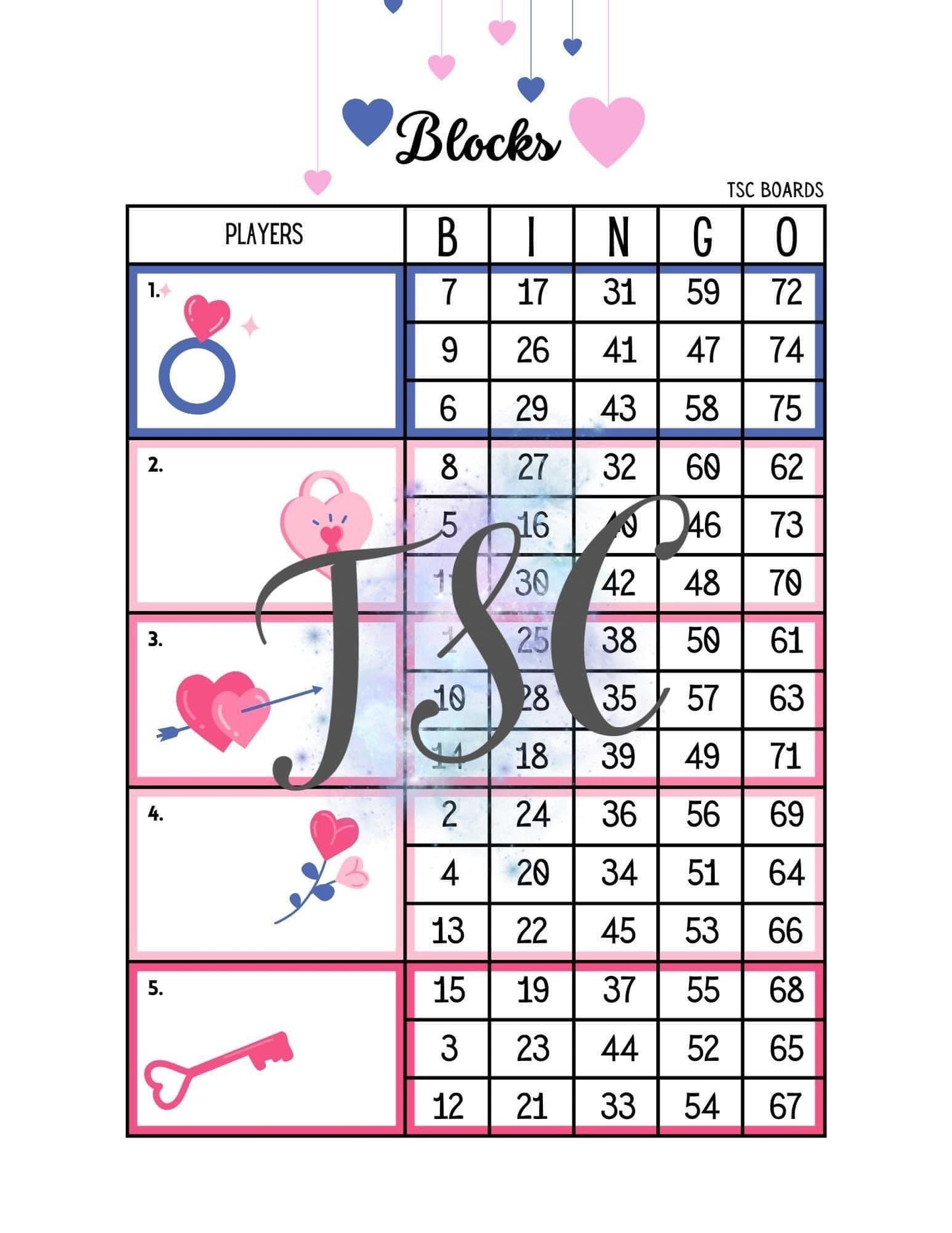 Valentine Block Bingo Board 1-75 Ball