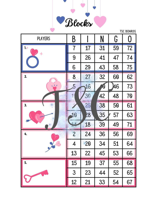 Valentine Block Bingo Board 1-75 Ball