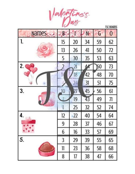 Valentines Day Block Bingo Board 1-75 Ball