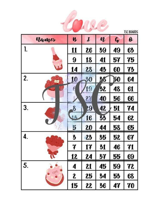 Love Block Bingo Board 1-75 Ball