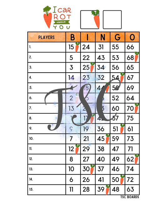 I Carrot About You Bingo Board 1-75 Ball