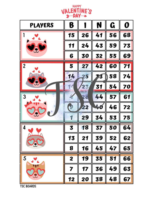 Valentine Cats Block Bingo Board 1-75 Ball