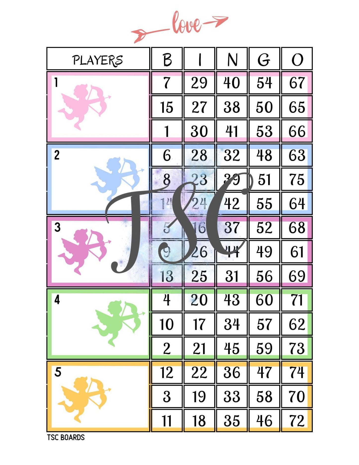 Cupid Love Block Bingo Board 1-75 Ball