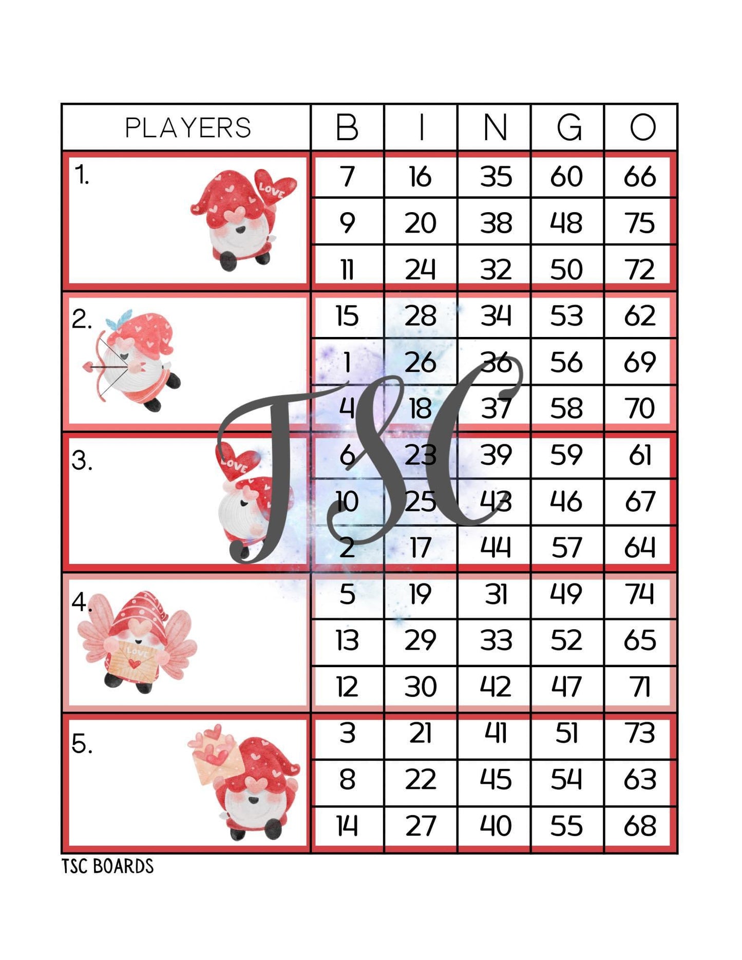 Valentine Gnomes Block Bingo Board 1-75 Ball