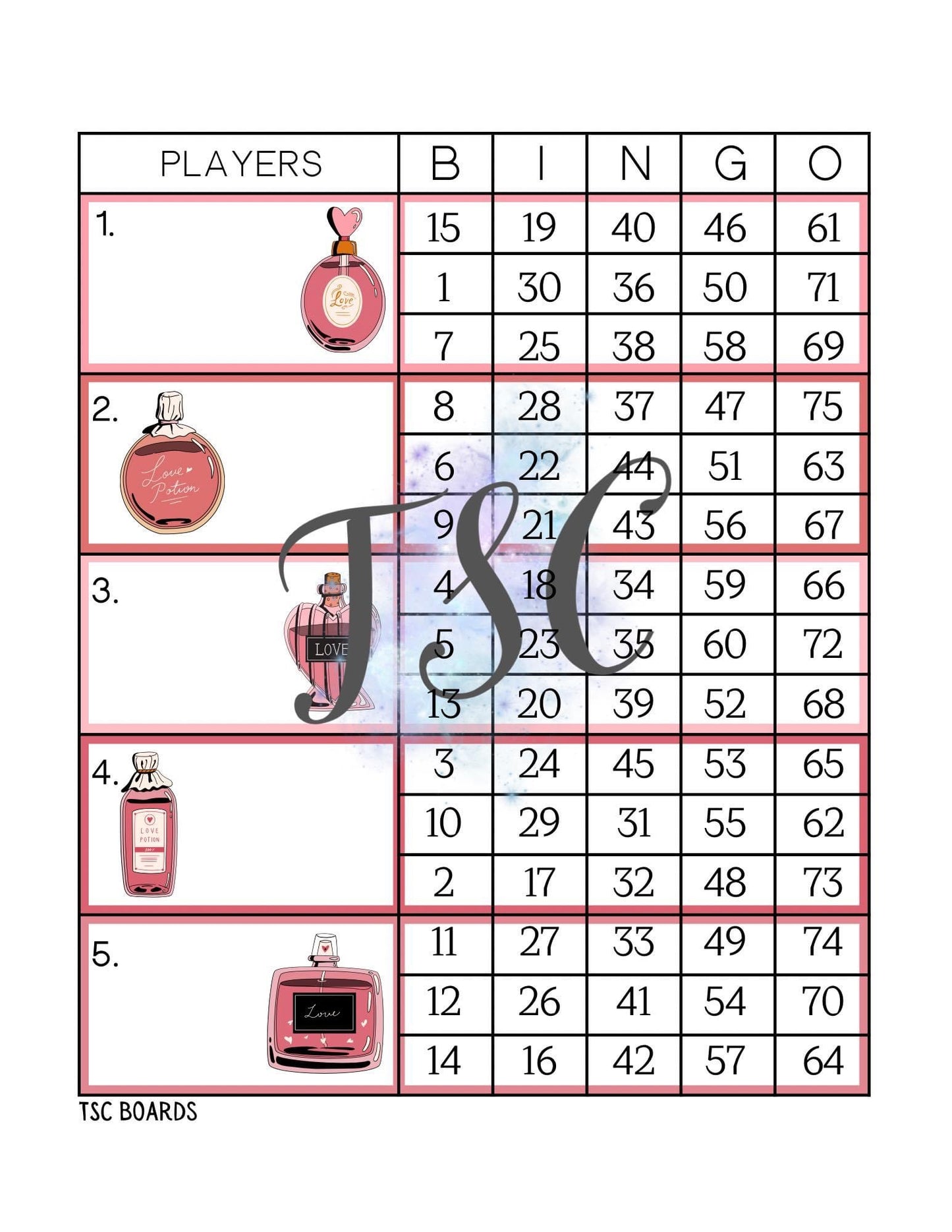 Perfume Block Bingo Board 1-75 Ball