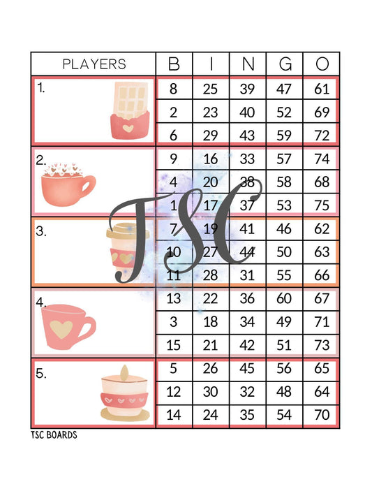 Valentine Coffee Block Bingo Board 1-75 Ball