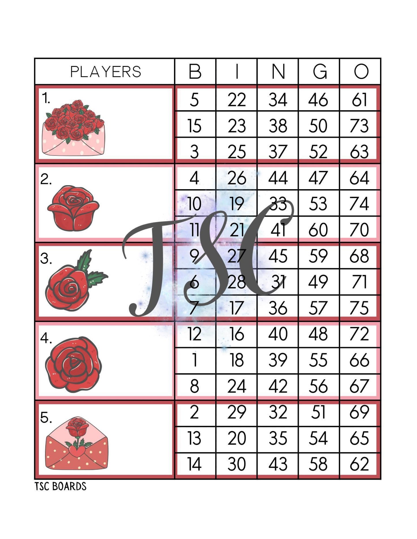 Gift Of Roses Block Bingo Board 1-75 Ball