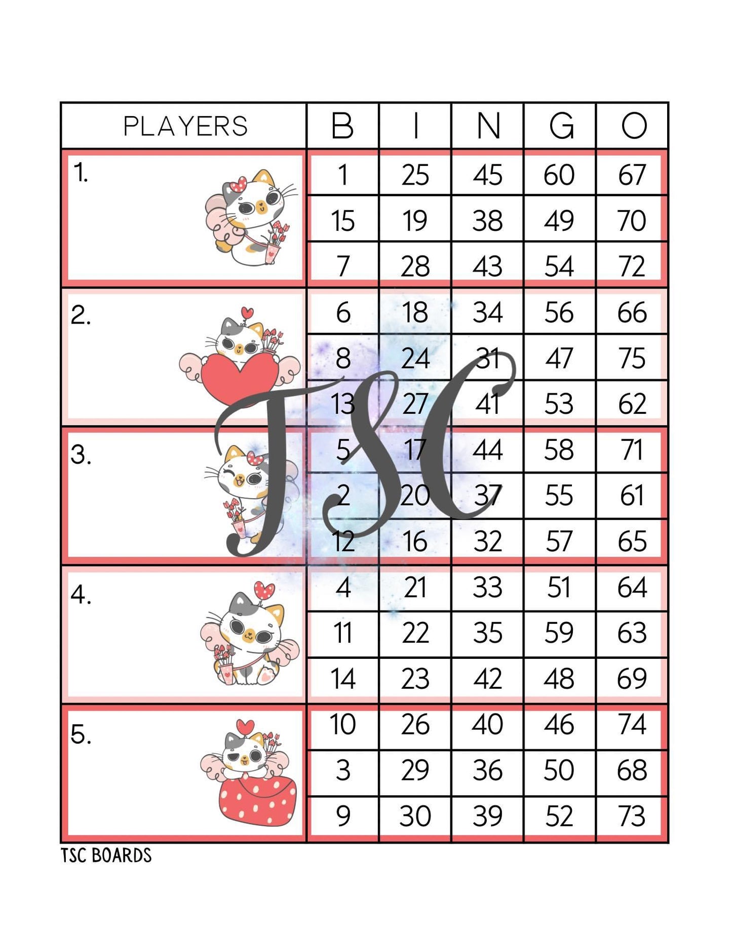 Cupid Cat Bingo Board 1-75 Ball