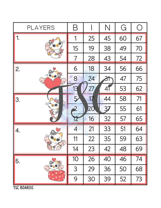 Cupid Cat Bingo Board 1-75 Ball