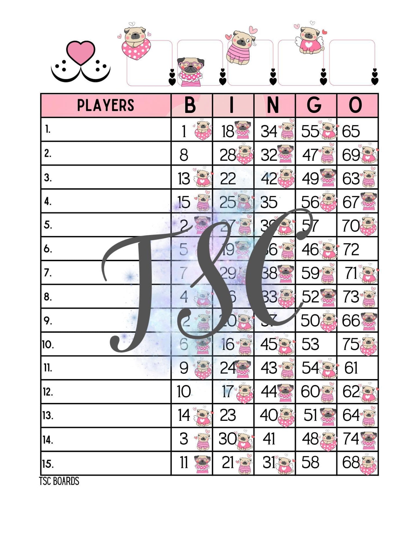 Puppy Love Bingo Board 1-75 Ball