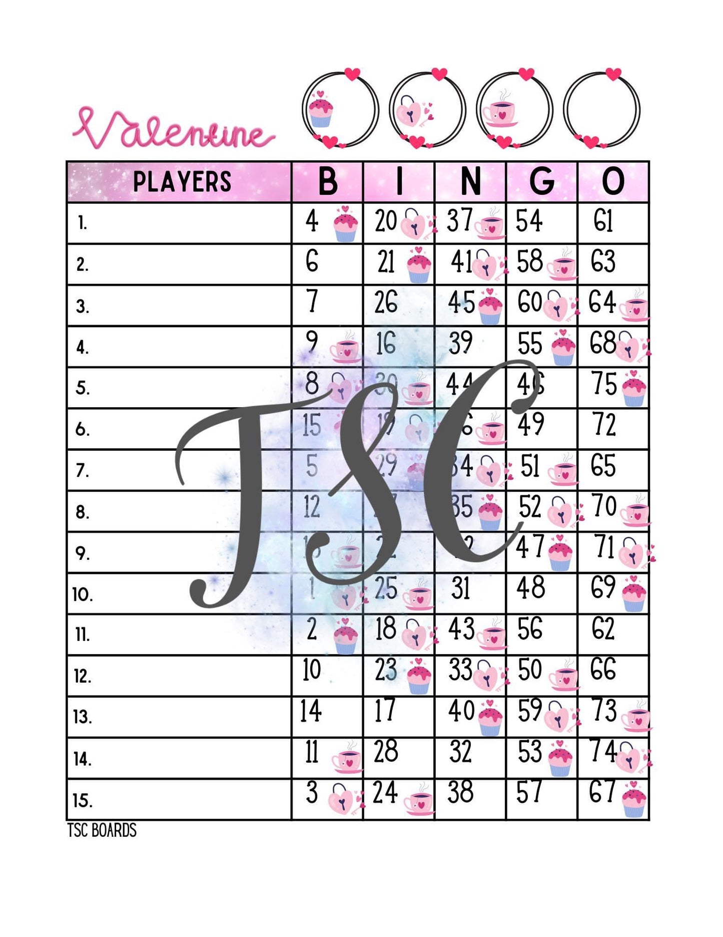 Valentine Bingo Board 1-75 Ball