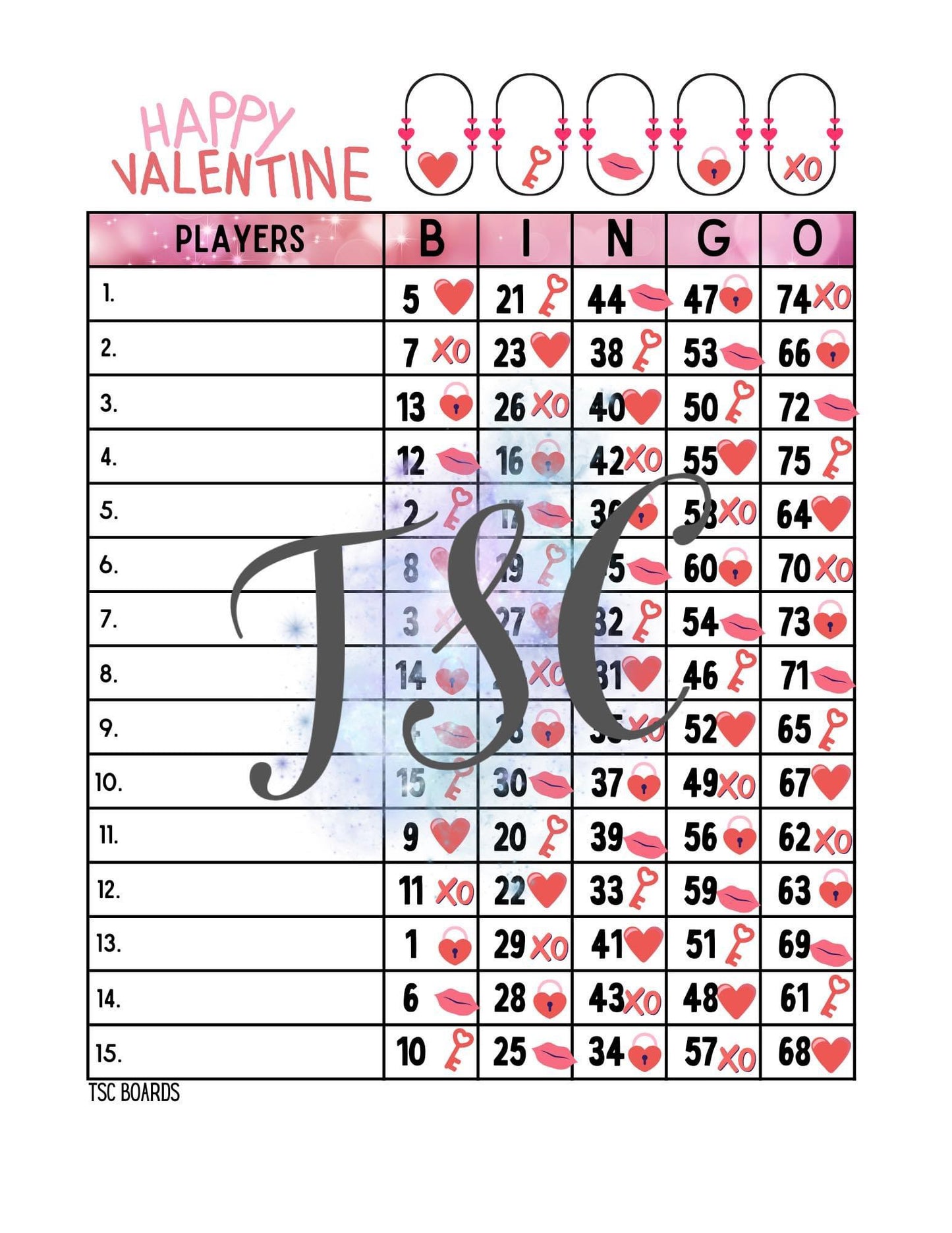 Happy Valentine Bingo Board 1-75 Ball