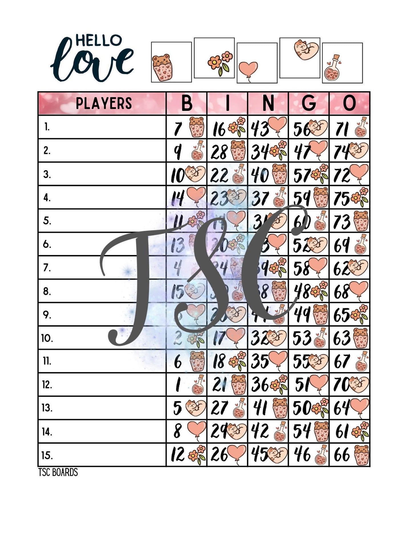 Hello Love Bingo Board 1-75 Ball