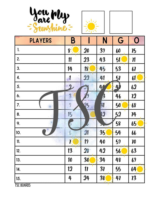 You Are My Sunshine Bingo Board 1-75 Ball