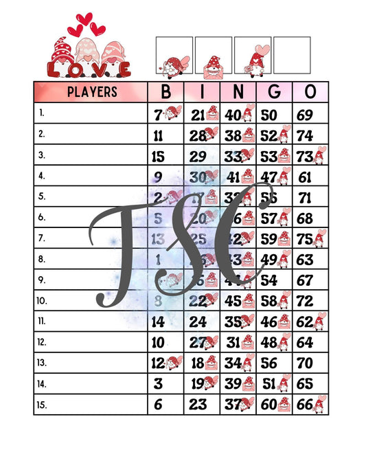 Love Gnomes Bingo Board 1-75 Ball