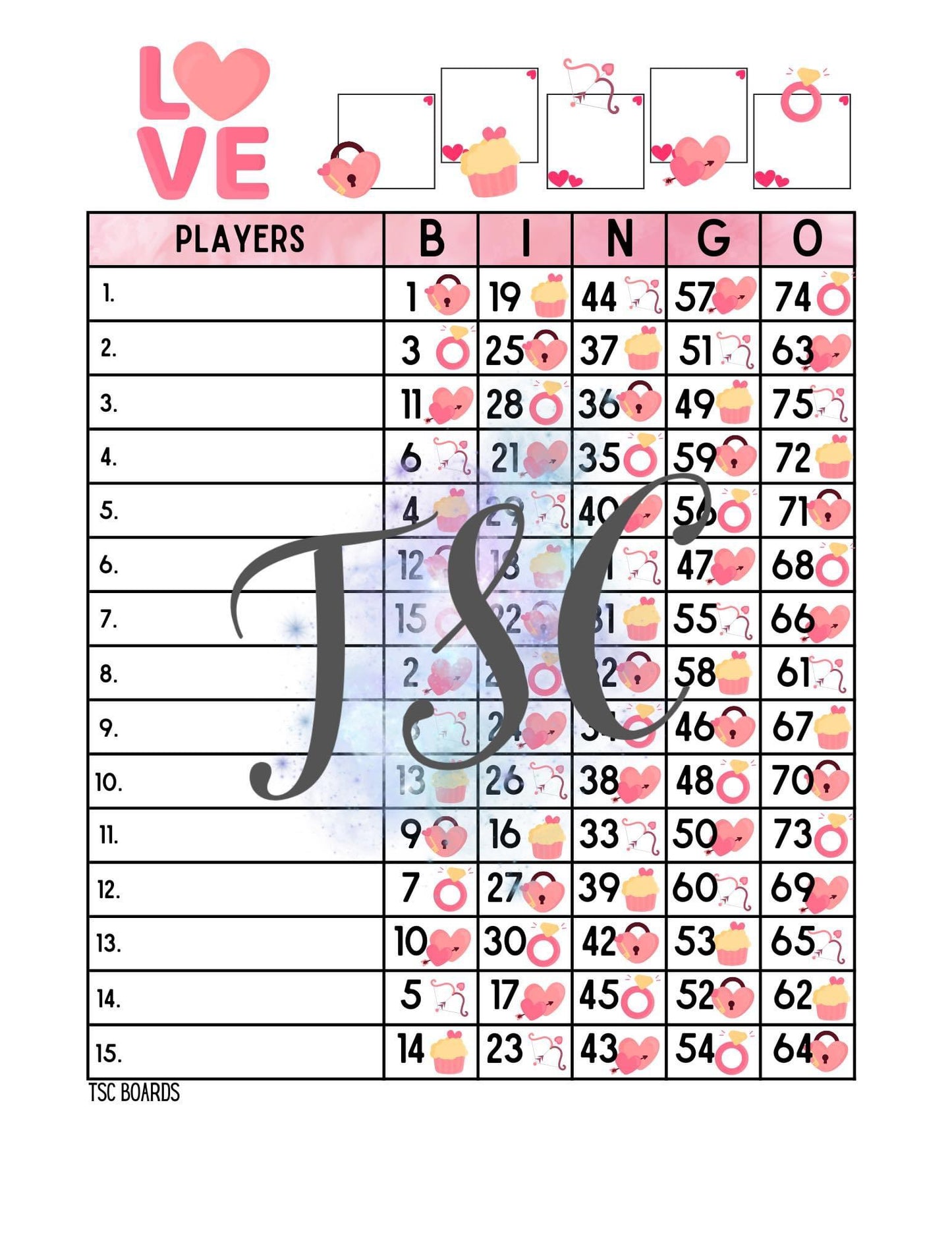 Love Valentine Bingo Board 1-75 Ball