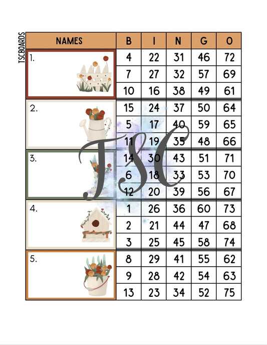 Spring Garden Block Bingo Board 1-75 Ball