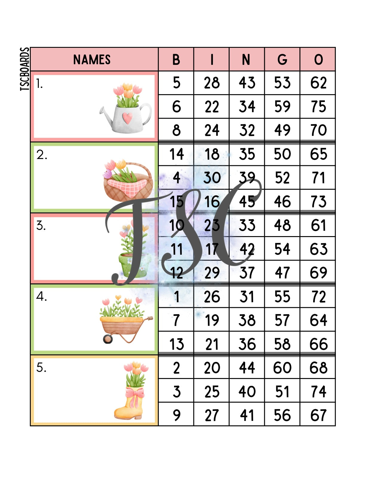 Spring Garden Block Bingo Board 1-75 Ball