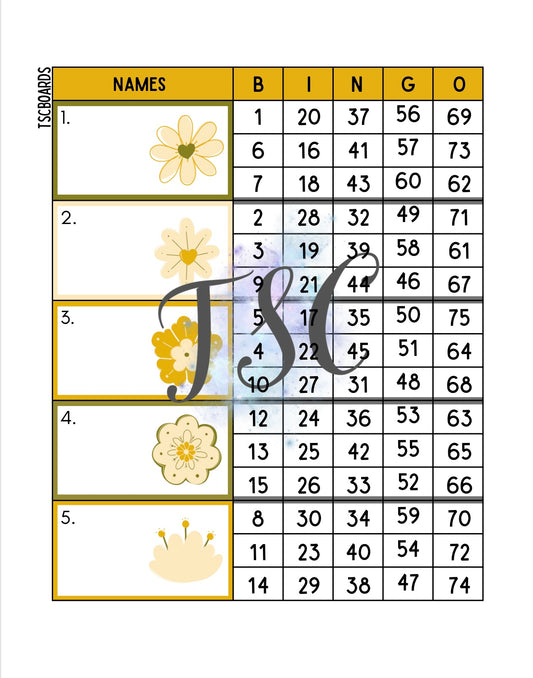 Yellow Flower Block Bingo Board 1-75 Ball