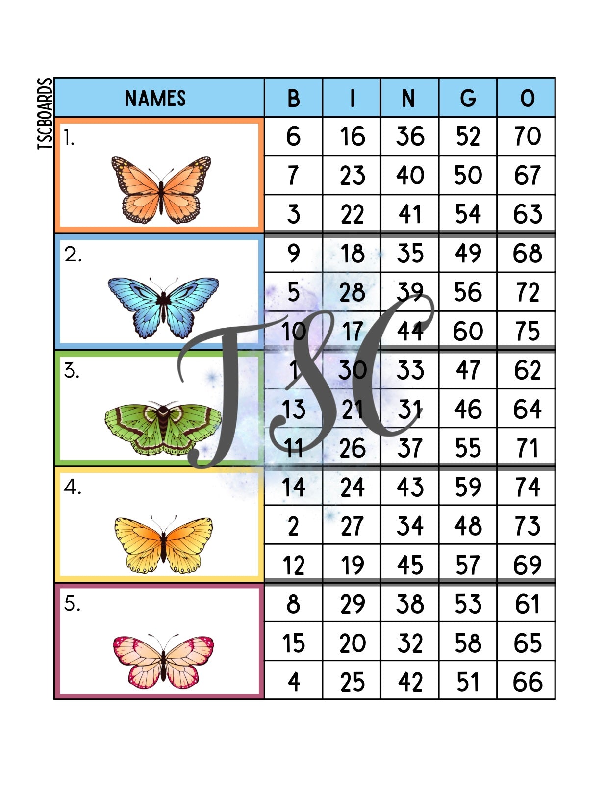 Butterfly Block Bingo Board 1-75 Ball