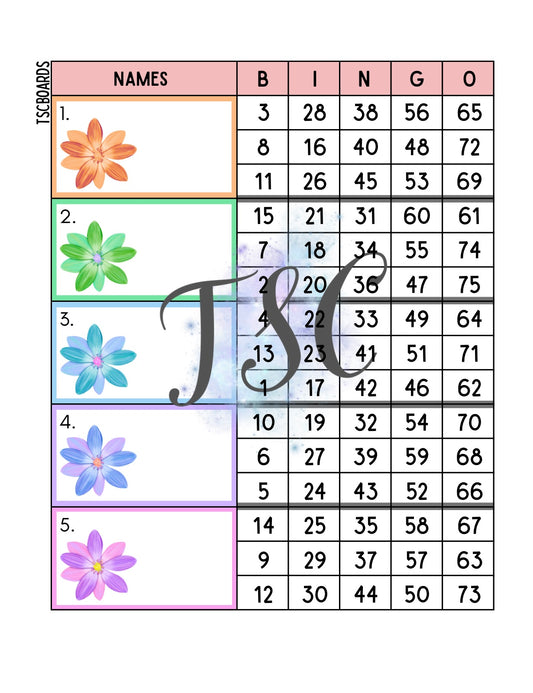 Flower Block Bingo Board 1-75 Ball