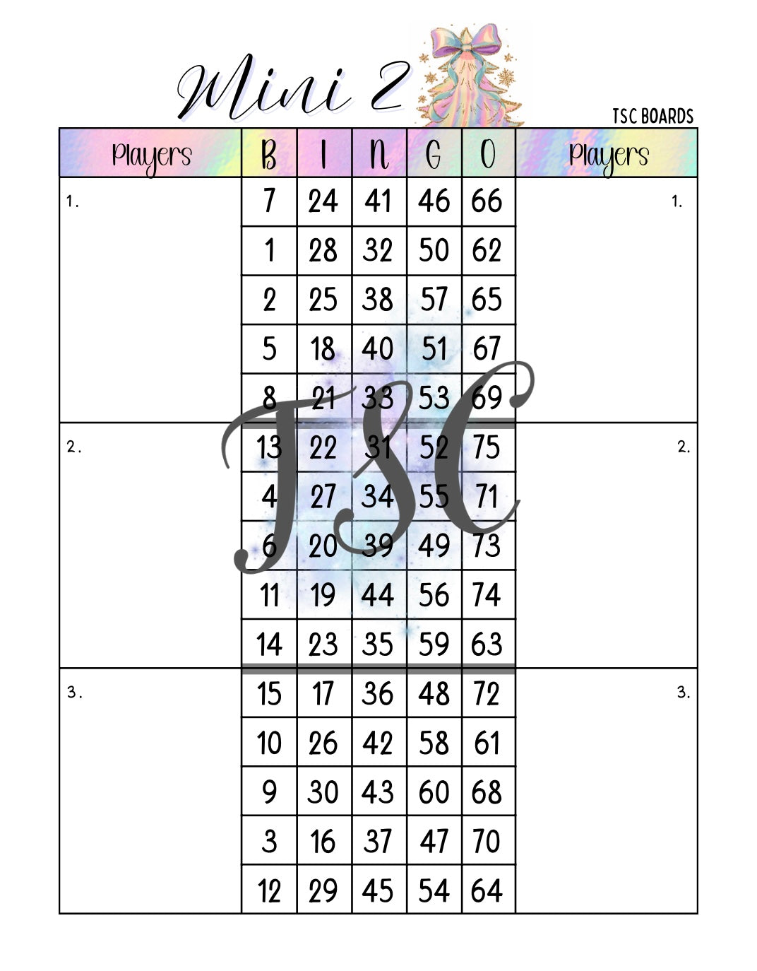 Dreamy Christmas Mini 2 Double Mega Bingo Board 1-75 Ball