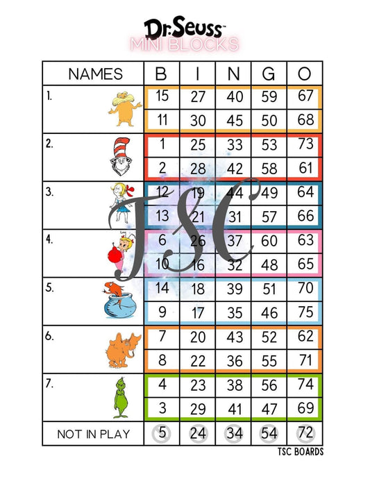 Dr Suess Mini Blocks Bingo Board 1-75 Ball