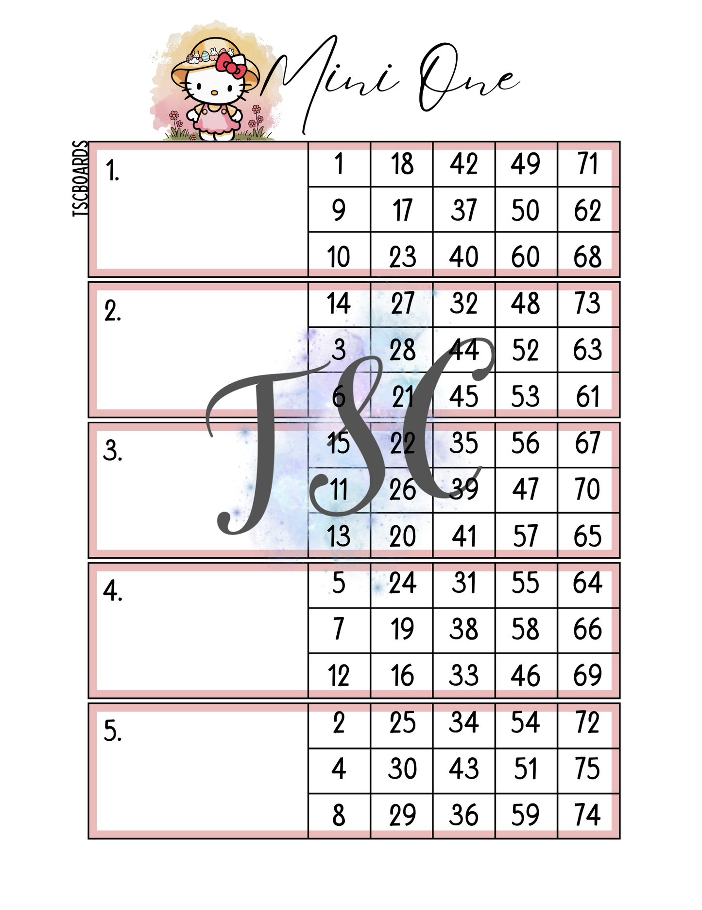 Easter Kitty Main Block Bingo Board 1-75 Ball