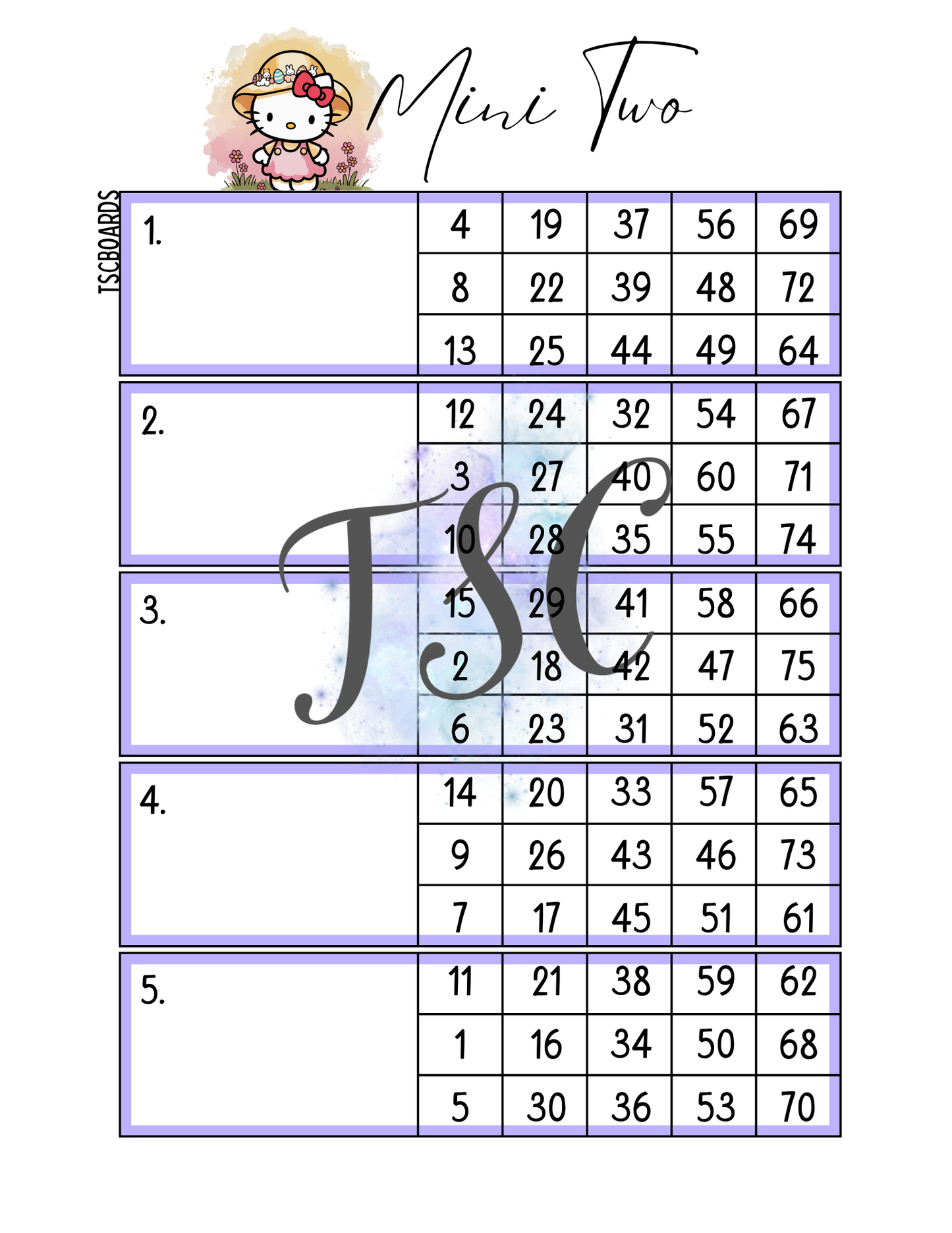 Easter Kitty Main Block Bingo Board 1-75 Ball