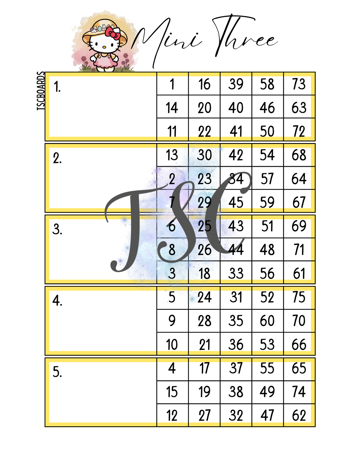 Easter Kitty Main Block Bingo Board 1-75 Ball