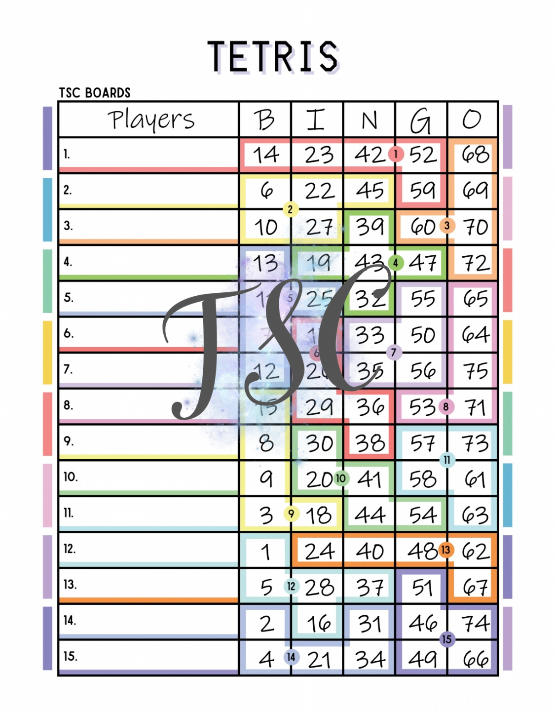 Tetris Bingo Board 1-75 Ball 1-15 Line