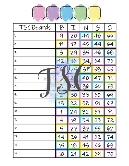 Rainbow Bingo Board 1-75 Ball 1-15 Line