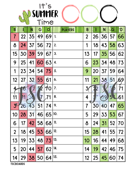 It’s Summertime Double Page Bingo Board 1-75 Ball 1-15 Line