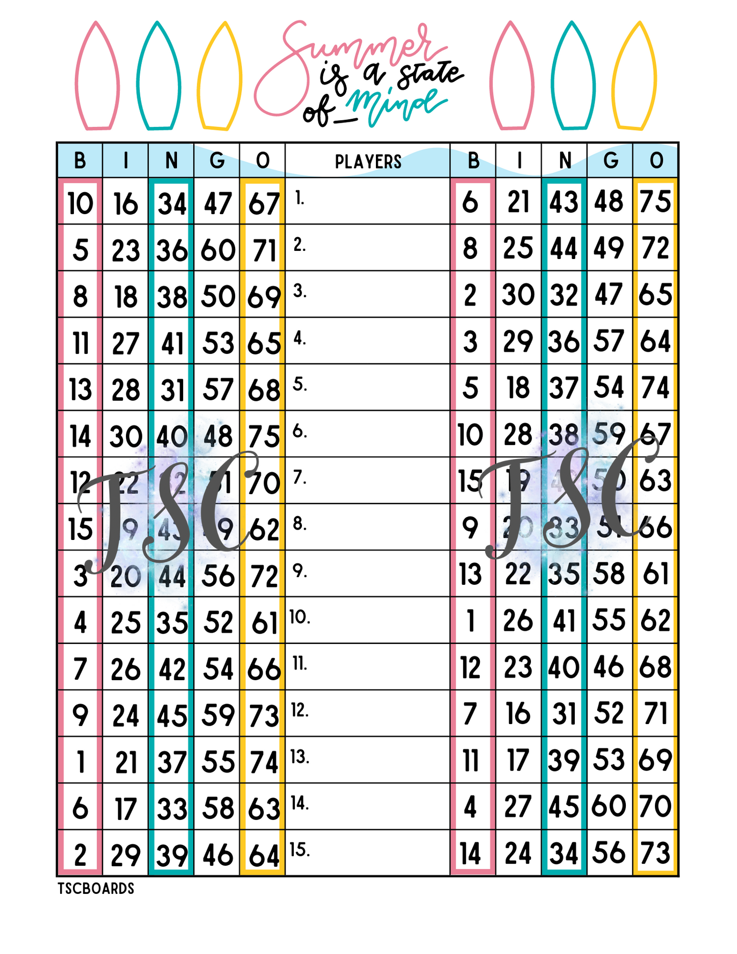 Summer Is A State Of Mind Double Page Bingo Board 1-75 Ball 1-15 Line