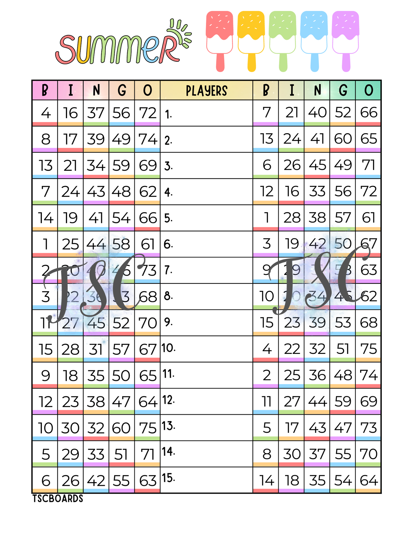 Summer Popsicle Double Page Bingo Board 1-75 Ball 1-15 Line