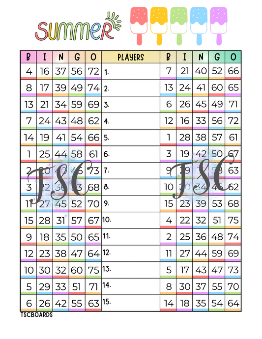 Summer Popsicle Double Page Bingo Board 1-75 Ball 1-15 Line