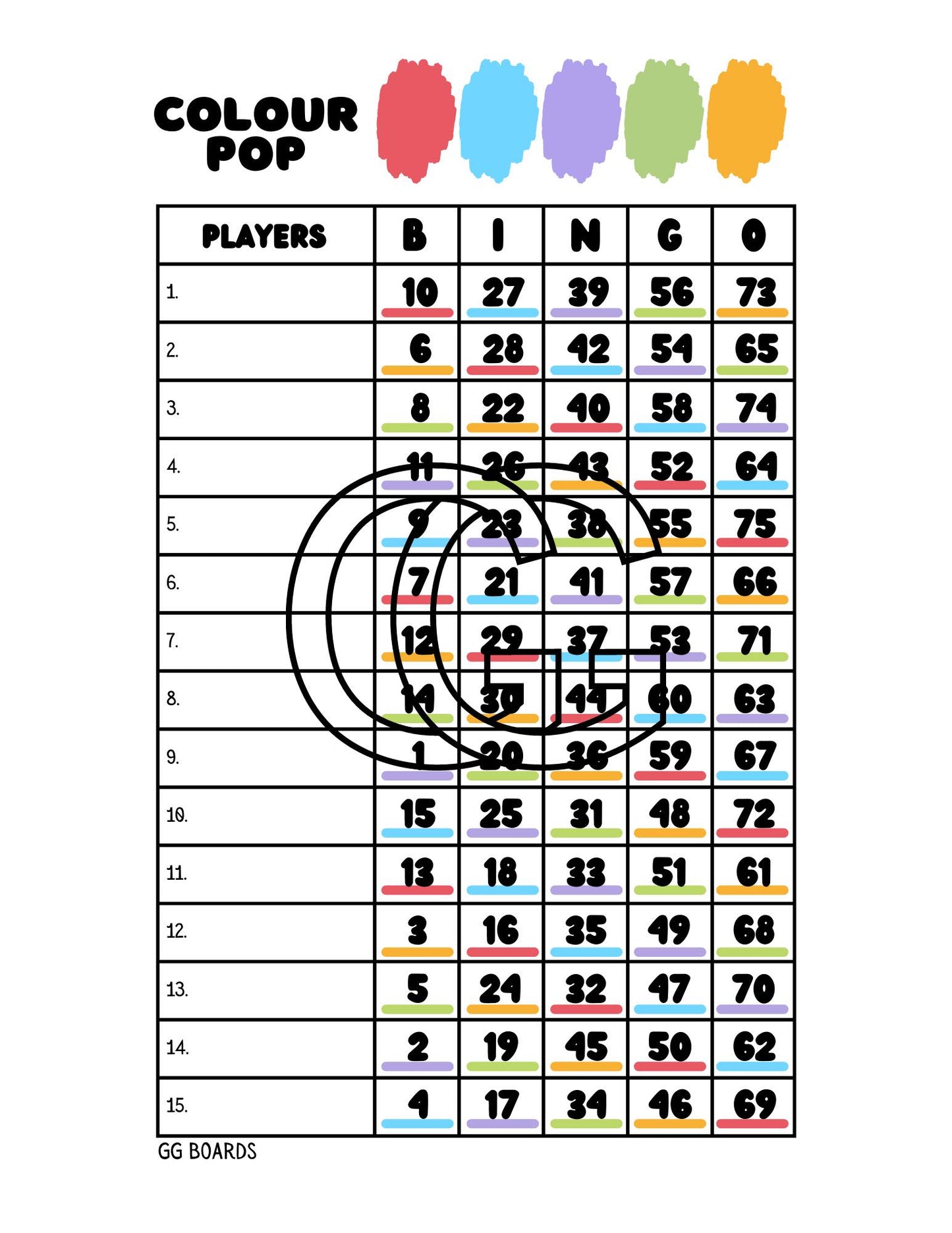 Colour Pop Bingo Board 1-75 Mixed