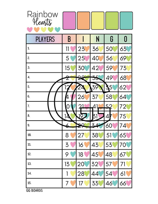 Rainbow Hearts Bingo Board 1-75 Mixed